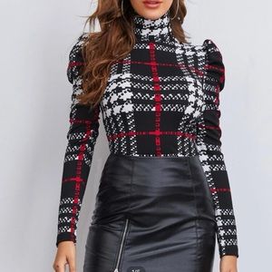 High Neck Gigot Sleeve Plaid Tee